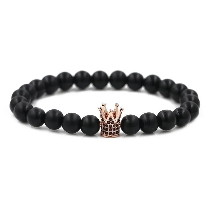 Hot Sale Matte Black Stone Micro Inlaid Zircon Crown Couple Bracelet Copper Beads Bracelet Wholesale