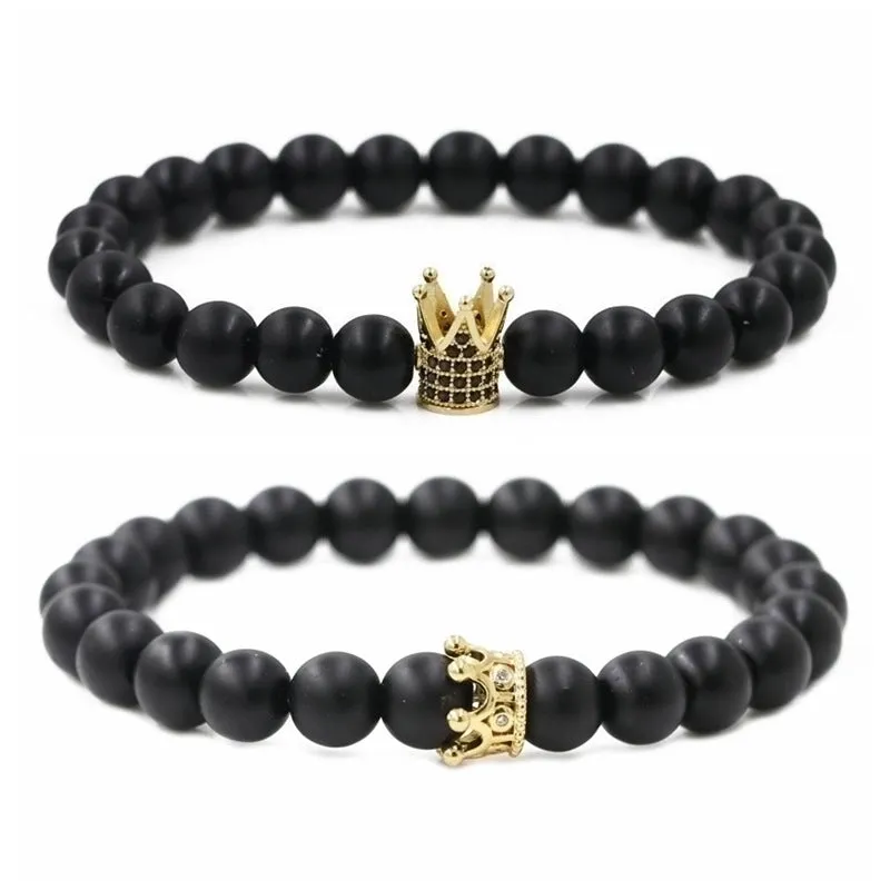 Hot Sale Matte Black Stone Micro Inlaid Zircon Crown Couple Bracelet Copper Beads Bracelet Wholesale