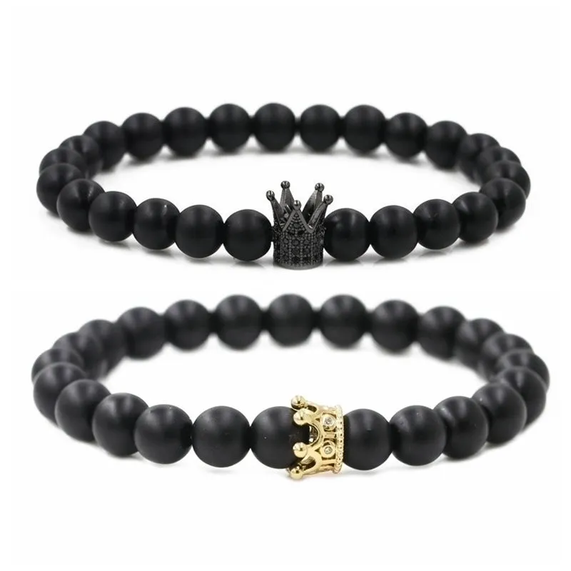 Hot Sale Matte Black Stone Micro Inlaid Zircon Crown Couple Bracelet Copper Beads Bracelet Wholesale