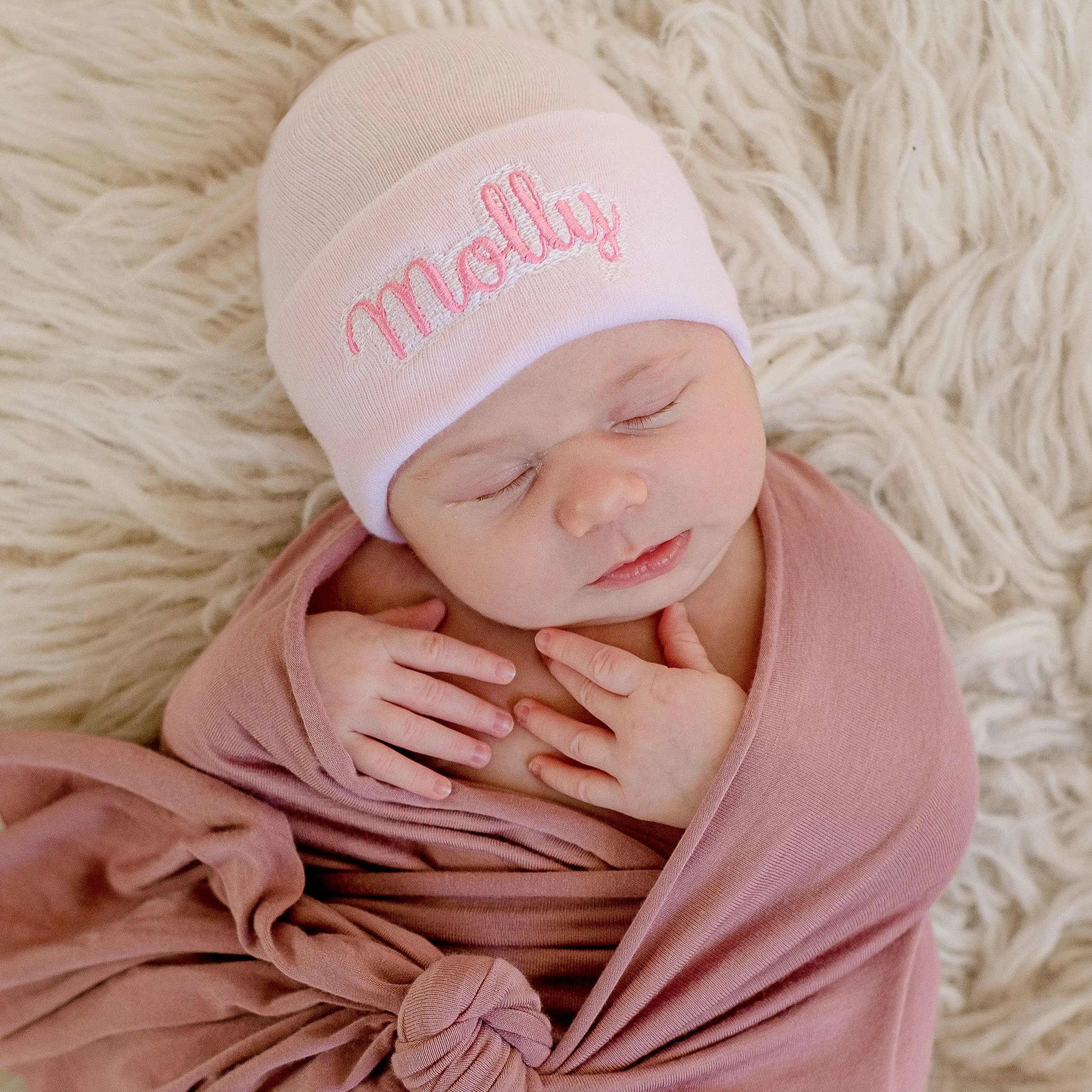 ilybean Personalized Shadow Stitch White, Blue or Pink Hospital Newborn Hospital Hat Nursery Beanie