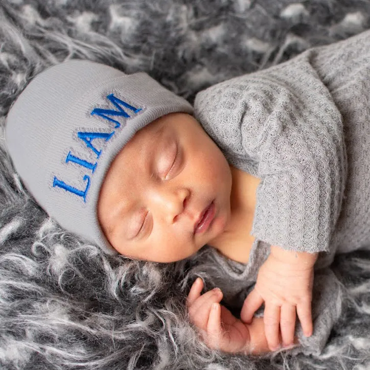 ilybean Personalized Shadow Stitch White, Blue or Pink Hospital Newborn Hospital Hat Nursery Beanie