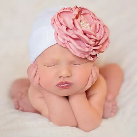 ilybean White Hat with Layered Pink (or Purple) Silk Flower with Pearl Rhinestone Center Newborn