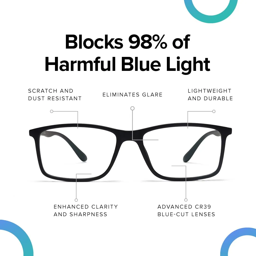 Intellilens® Square Blue Cut Computer Glasses for Eye Protection | Zero Power, Anti Glare & Blue Light Filter Glasses | Frames & Blue Cut Lenses (Black) | Pack of 4