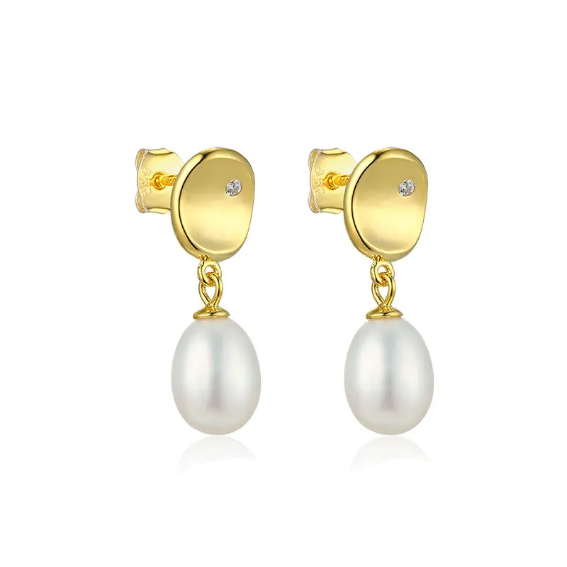 Irregular Oval Shape with Pearl Silver Drop Earrings for Women