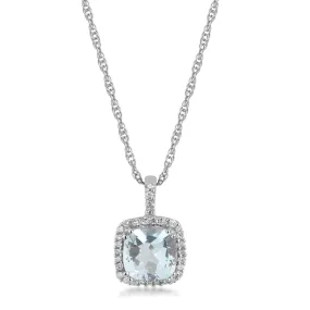 Jewelili 10K White Gold with Aquamarine and Natural White Diamonds Halo Pendant Necklace