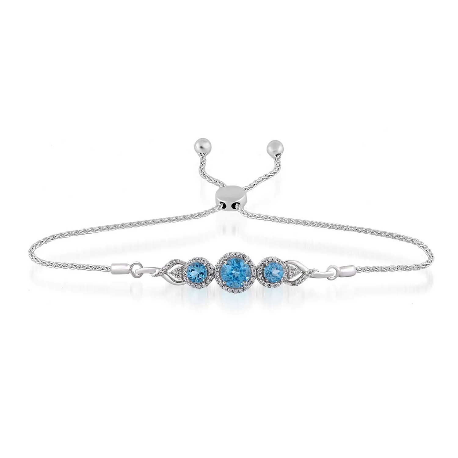 Jewelili Sterling Silver with Round Swiss Blue Topaz and Round Created White Sapphire Bracelet, Earrings, Pendant Jewelry Box Set