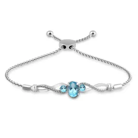 Jewelili Sterling Silver With Swiss Blue Topaz and Created White Sapphire Bolo Bracelet