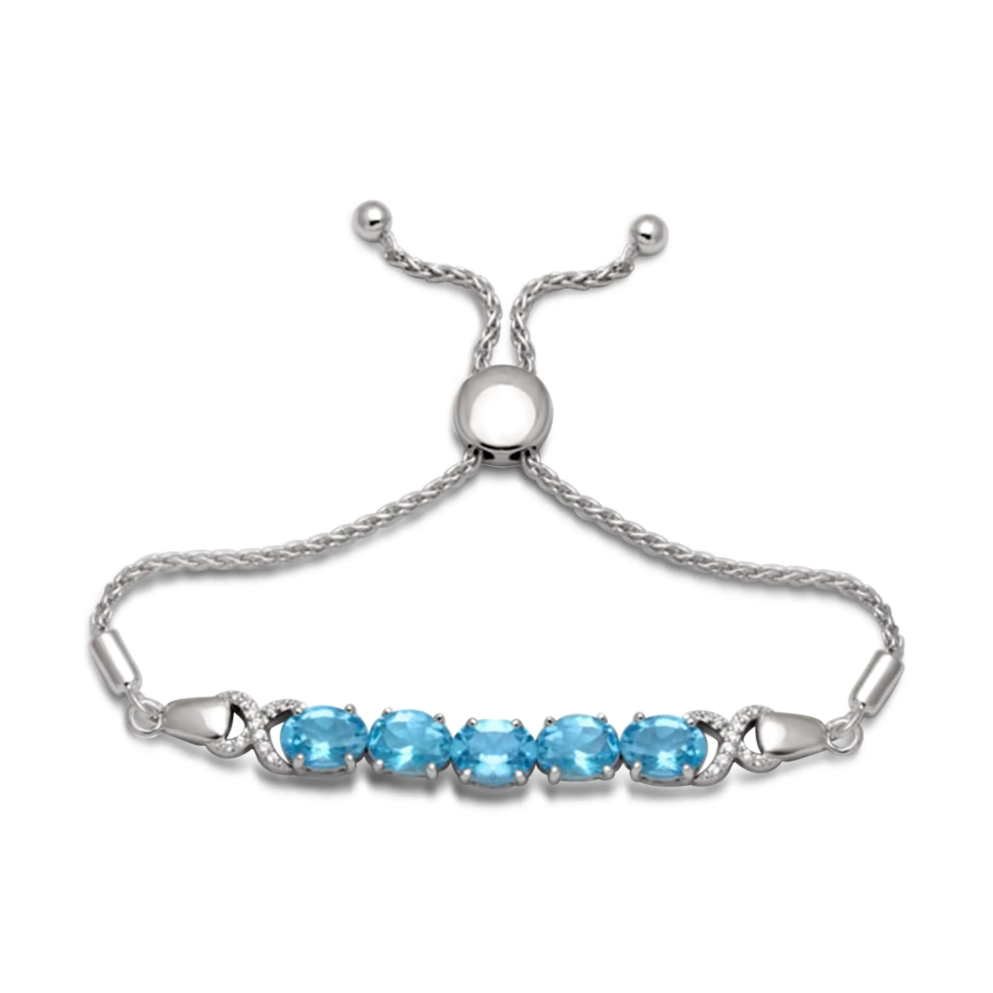 Jewelili Sterling Silver With Swiss Blue Topaz and White Topaz Bolo Bracelet, 9.5"