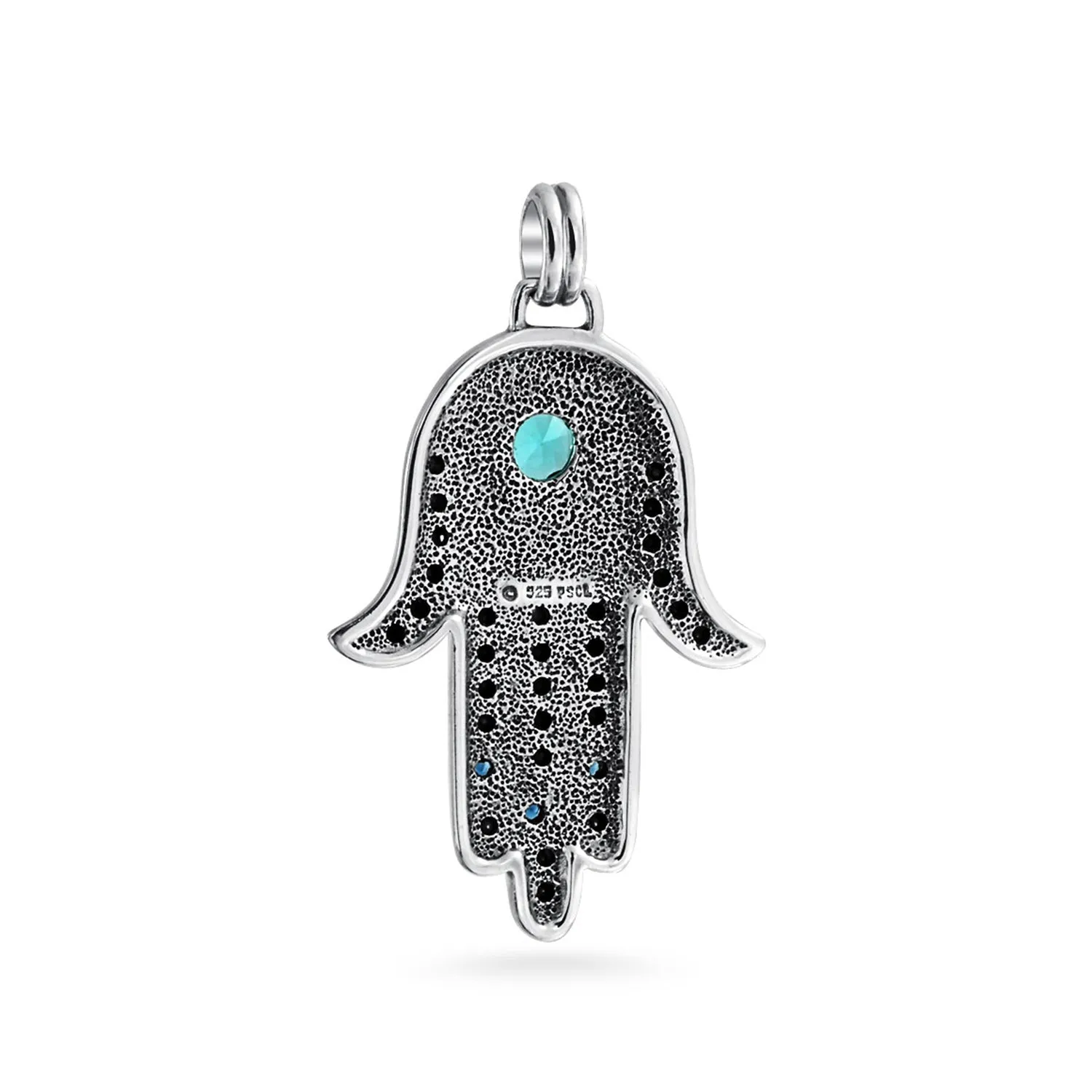 Large Yoga Blue CZ Evil Eye Hamsa Hand Pendant Necklace in Sterling Silver