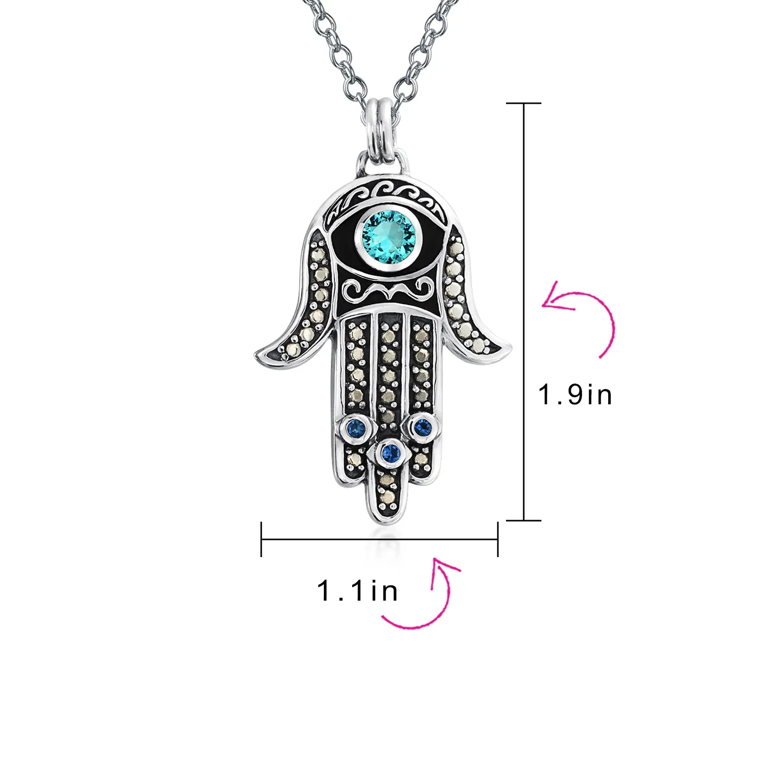 Large Yoga Blue CZ Evil Eye Hamsa Hand Pendant Necklace in Sterling Silver