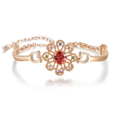 Lead & Nickel Free Women's Rose Gold Bracelet With Red AAA Zircon Flower