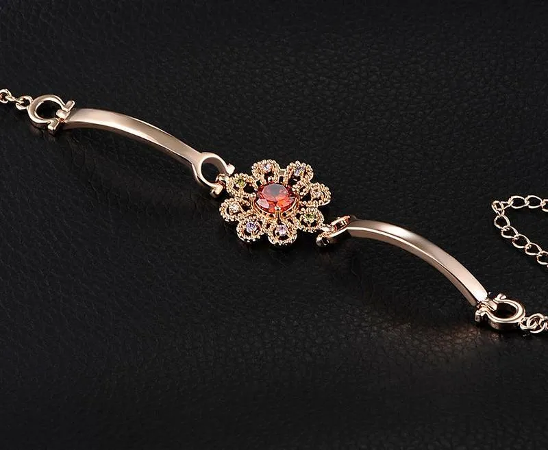 Lead & Nickel Free Women's Rose Gold Bracelet With Red AAA Zircon Flower