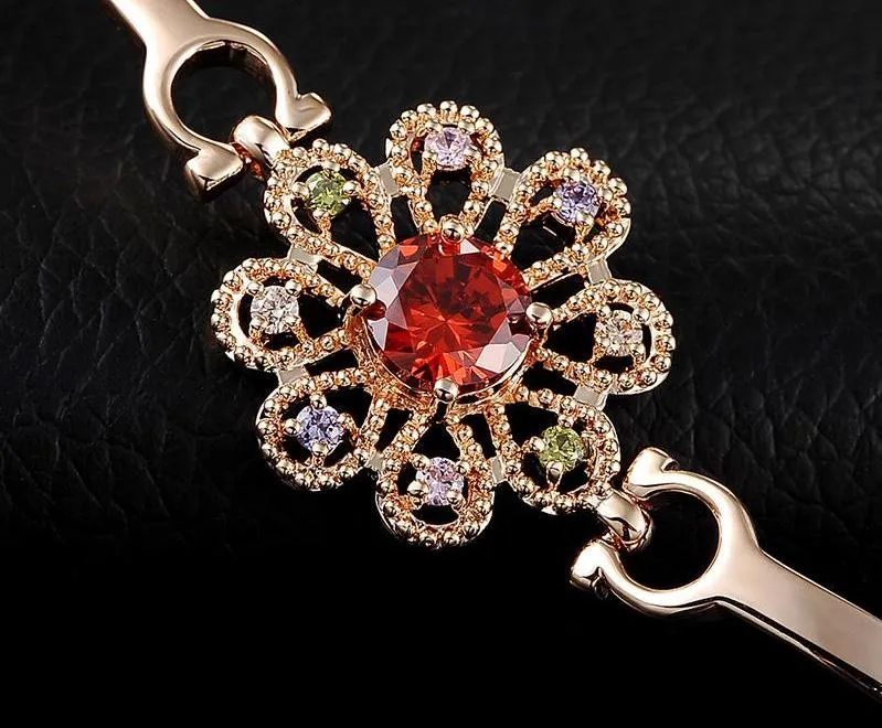 Lead & Nickel Free Women's Rose Gold Bracelet With Red AAA Zircon Flower