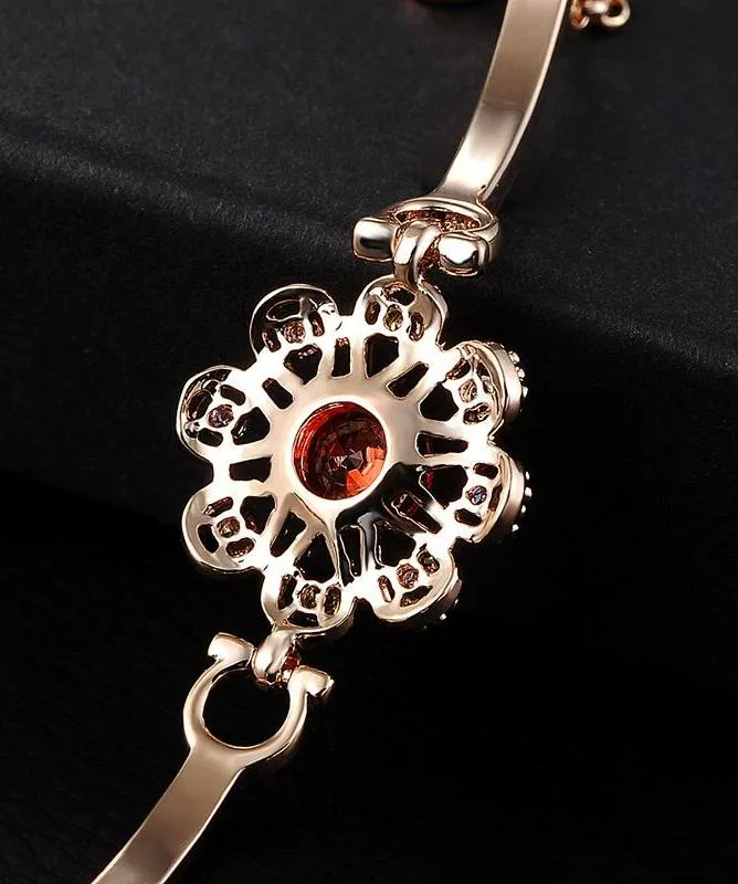 Lead & Nickel Free Women's Rose Gold Bracelet With Red AAA Zircon Flower