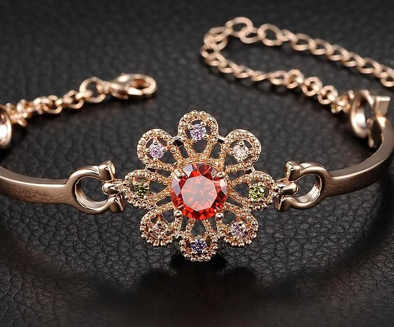 Lead & Nickel Free Women's Rose Gold Bracelet With Red AAA Zircon Flower