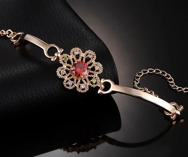 Lead & Nickel Free Women's Rose Gold Bracelet With Red AAA Zircon Flower