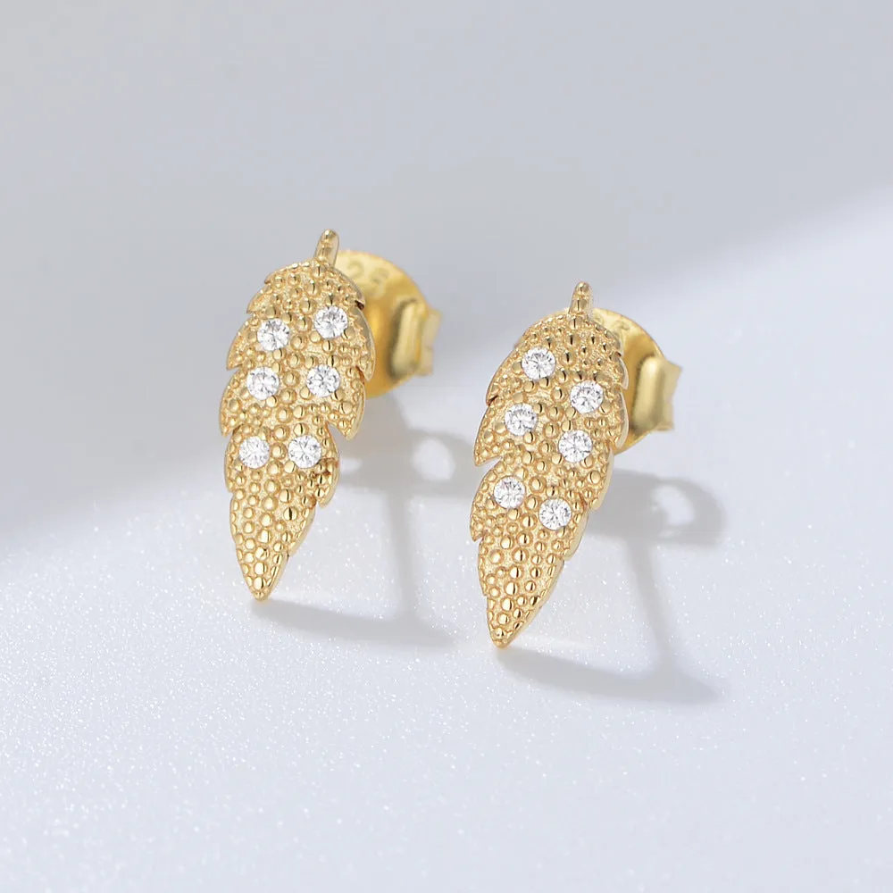 Leaf with Zircon Silver Studs Earrings for Women