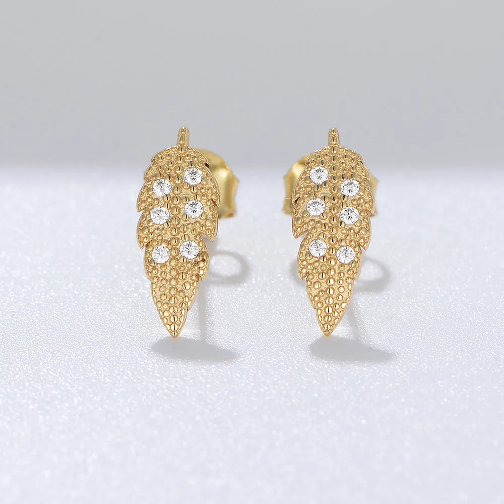 Leaf with Zircon Silver Studs Earrings for Women