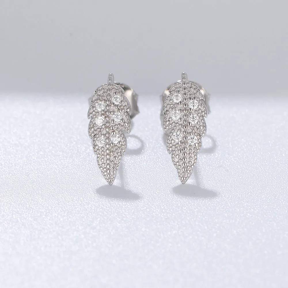 Leaf with Zircon Silver Studs Earrings for Women