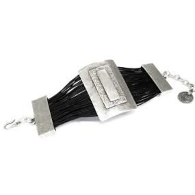 Leather & Pewter Rectangular Disc Bracelet