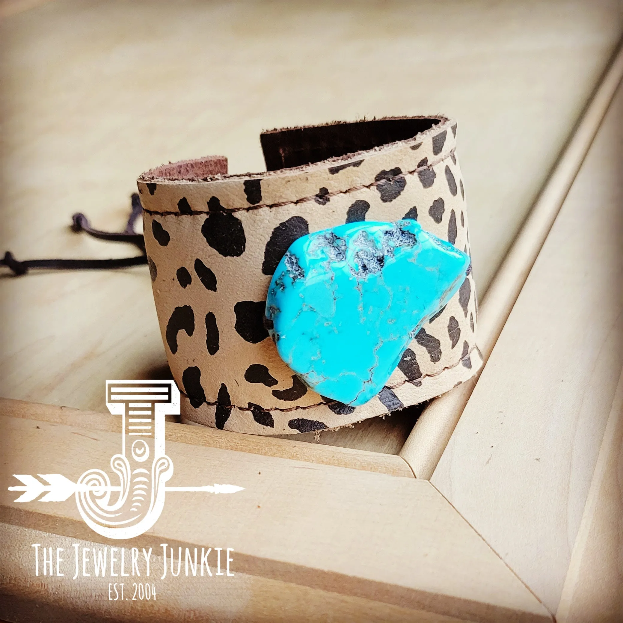 **Leather Cuff w/ Leather Tie-Suede Cheetah and Turquoise Slab 013t