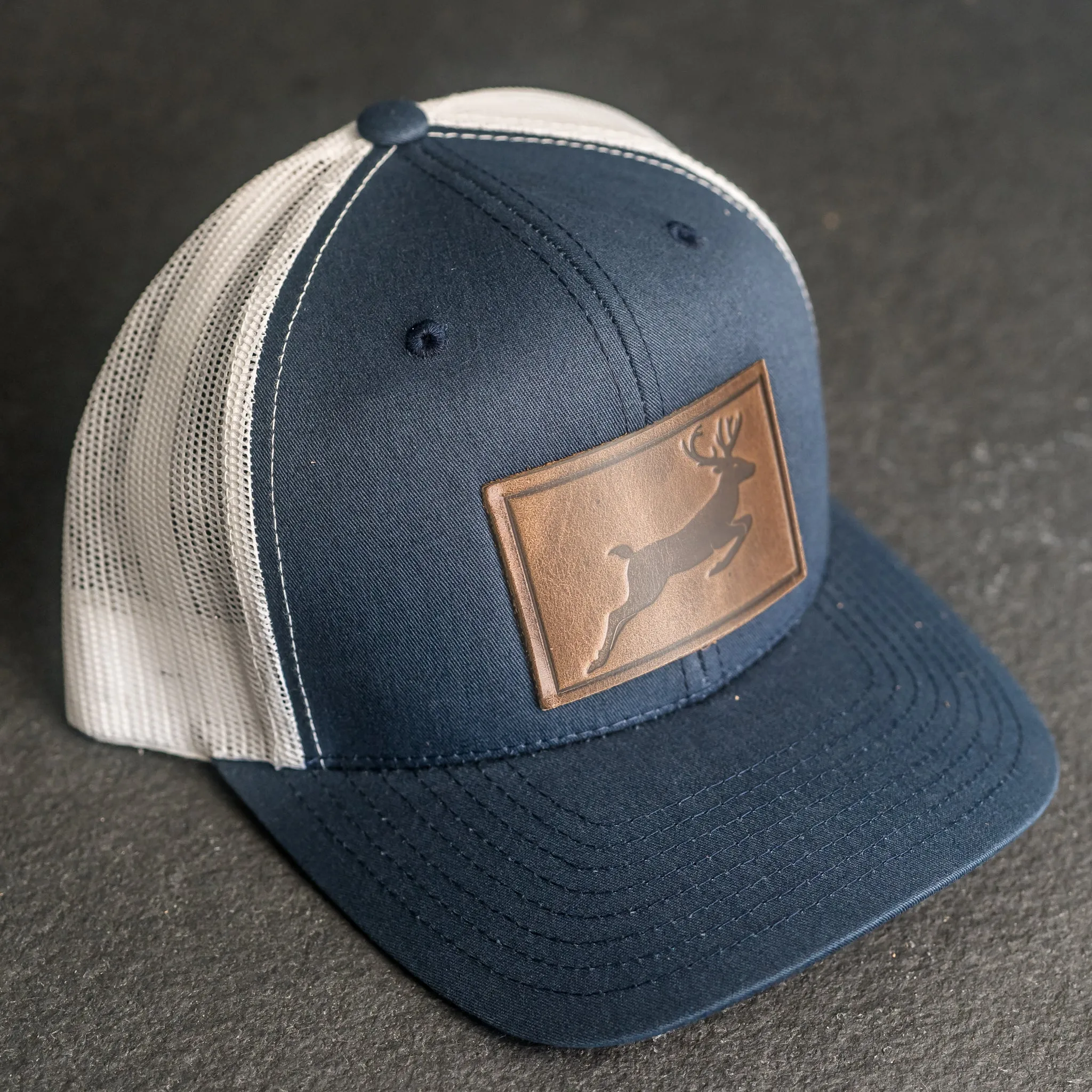 Leather Patch Trucker Style Hat - Deer Stamp