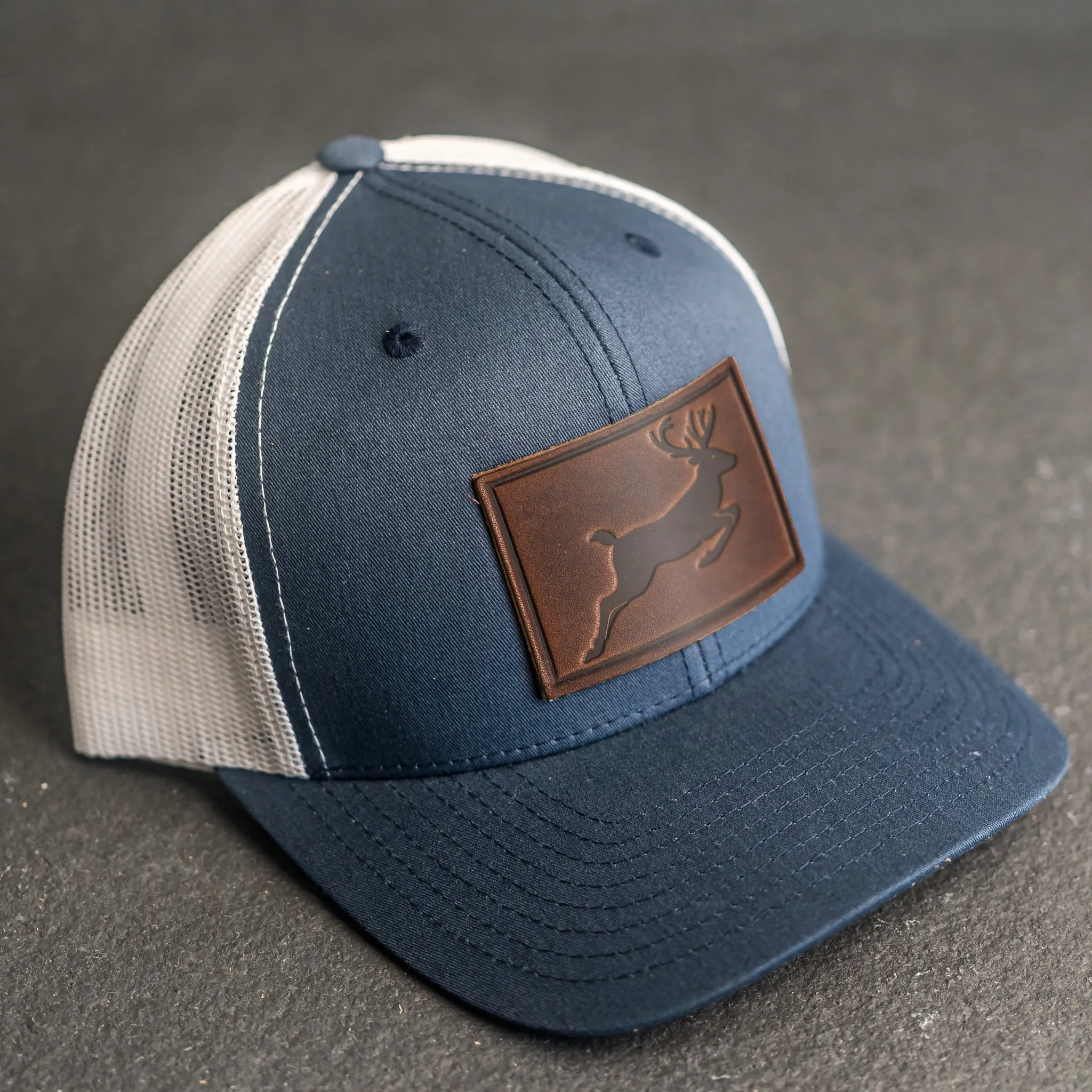 Leather Patch Trucker Style Hat - Deer Stamp