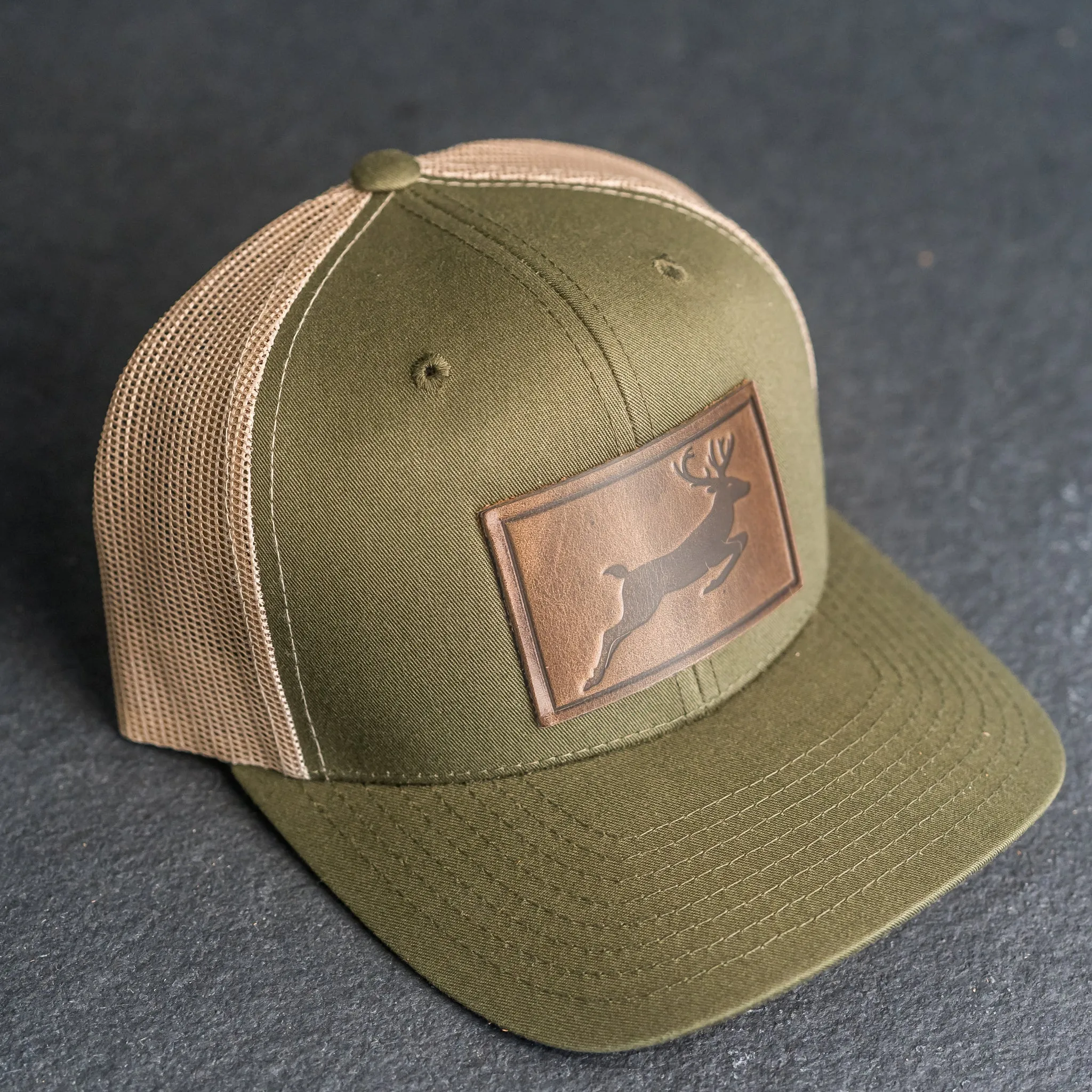 Leather Patch Trucker Style Hat - Deer Stamp