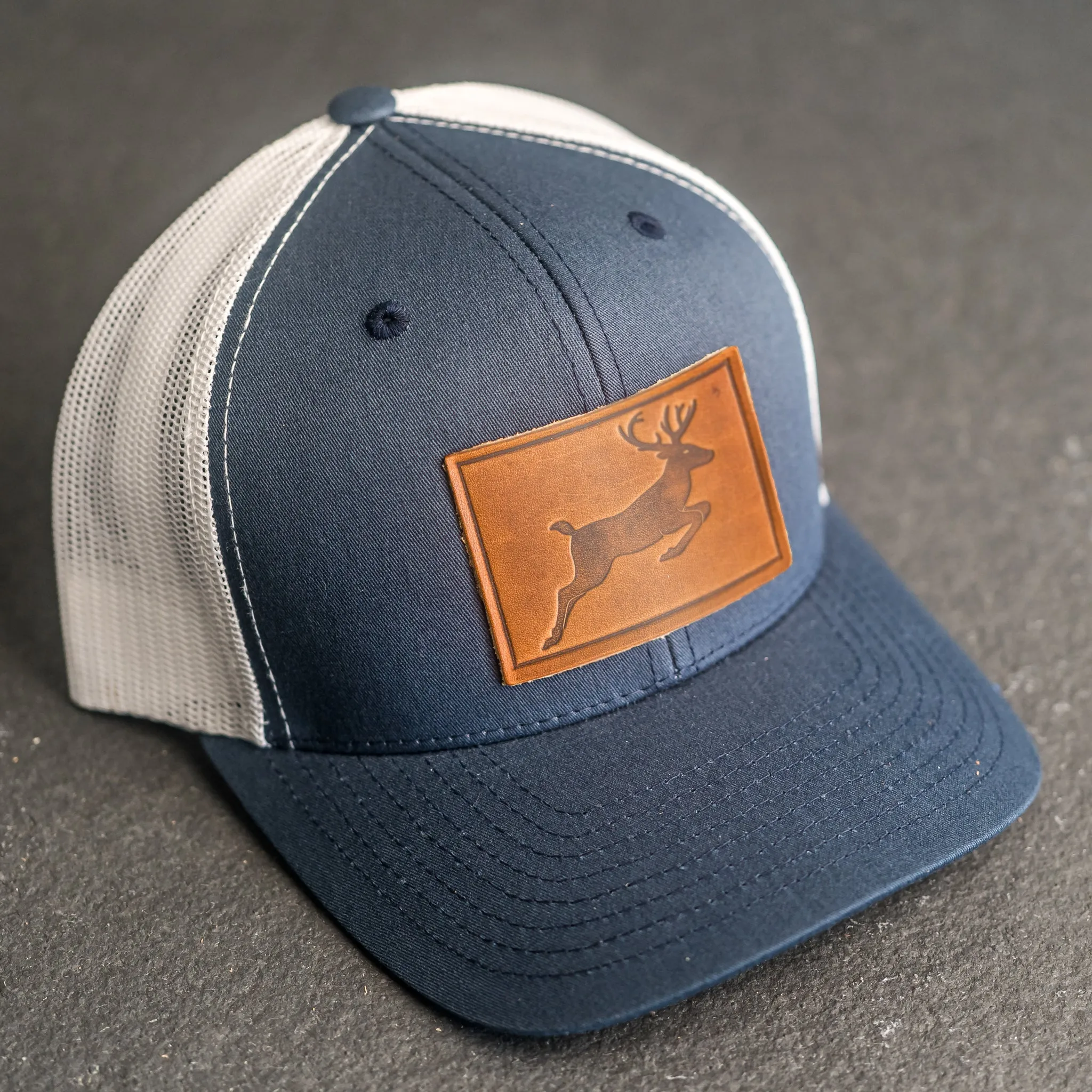 Leather Patch Trucker Style Hat - Deer Stamp