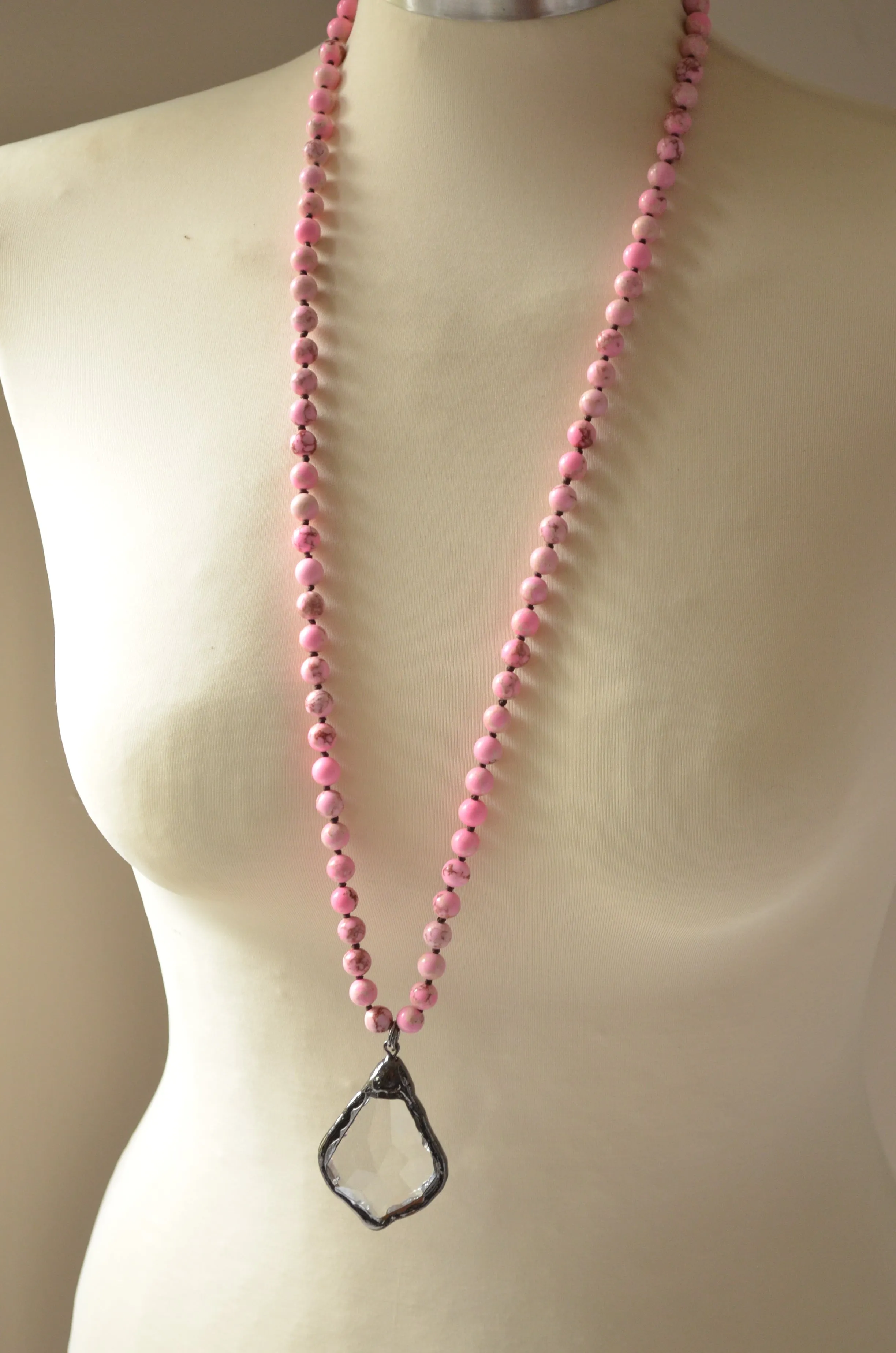 Light Pink Long Stone Crystal Glass Pendant Beaded Necklace - San Jose