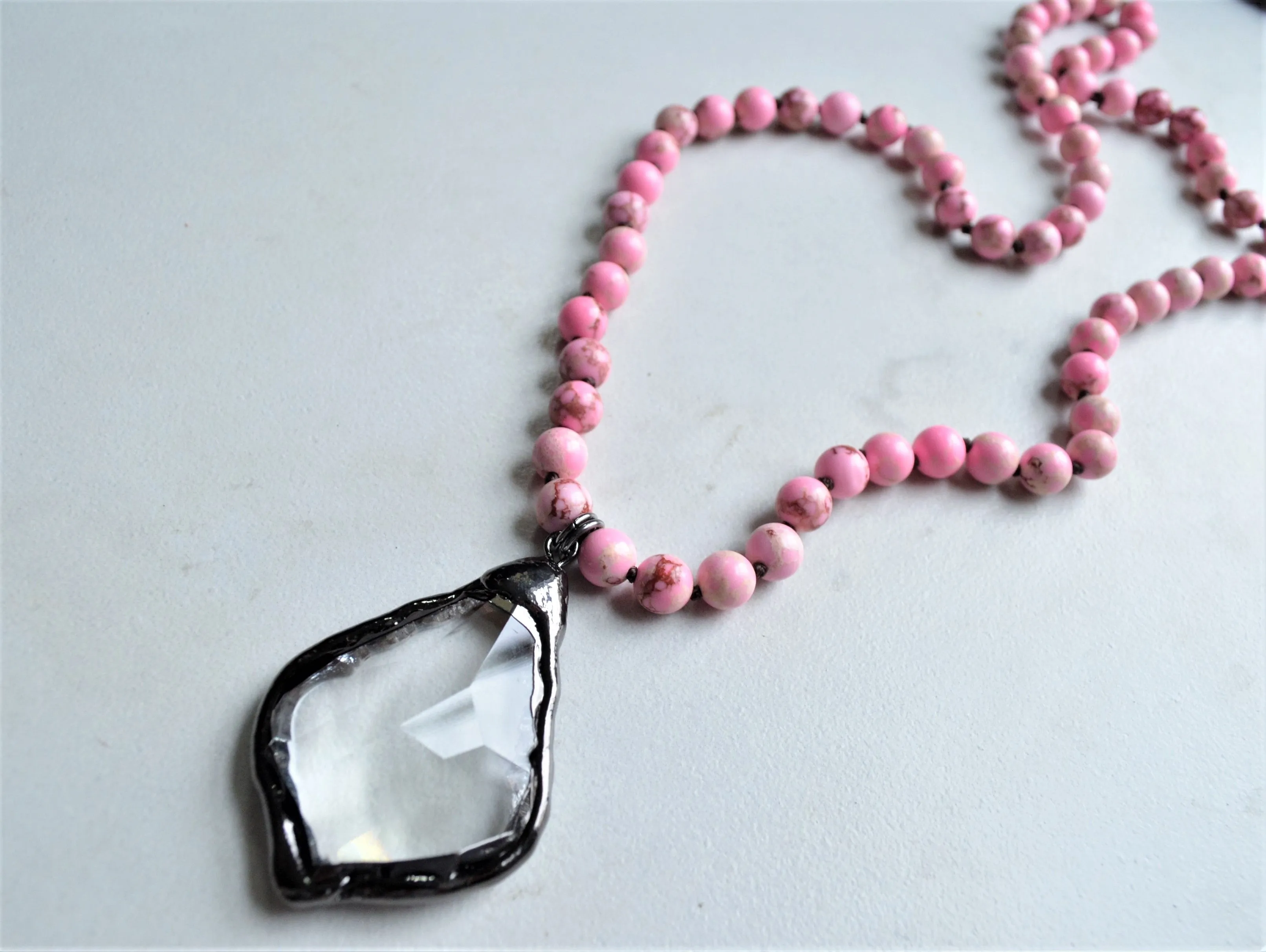 Light Pink Long Stone Crystal Glass Pendant Beaded Necklace - San Jose