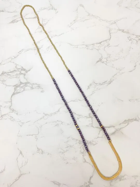 Long Beaded U Shape Pendant Necklace - Purple