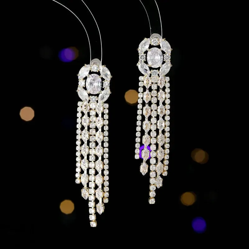 Luxury Bridal Wedding Banquet Dress Earrings, High Grade Copper Inlaid Zircon Long Tassel Earrings LYX182