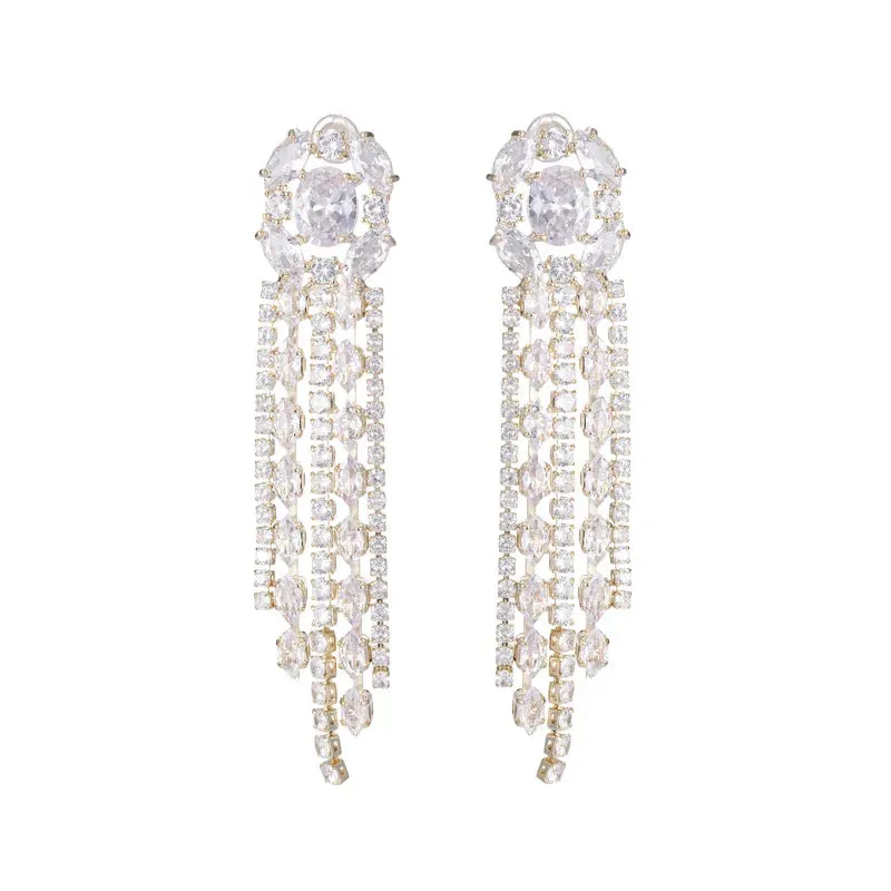 Luxury Bridal Wedding Banquet Dress Earrings, High Grade Copper Inlaid Zircon Long Tassel Earrings LYX182