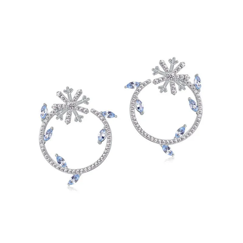 Marquise Shape Blue Zircon Snowflake Wreath Sterling Silver Stud Earrings