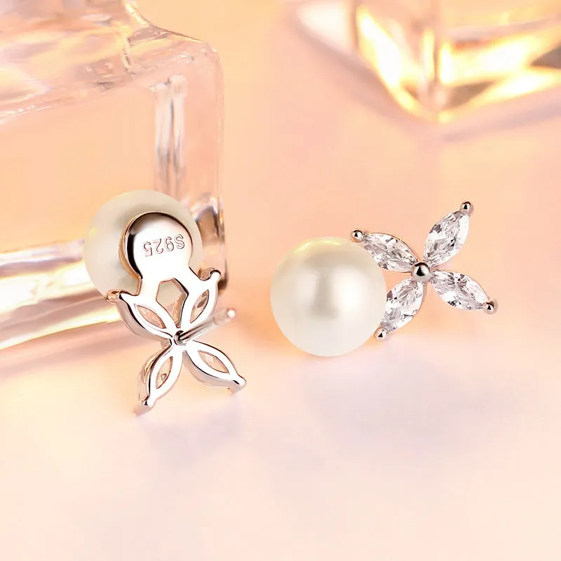 Marquise Zircon Clover with Natural Pearl Silver Studs Earrings for Women