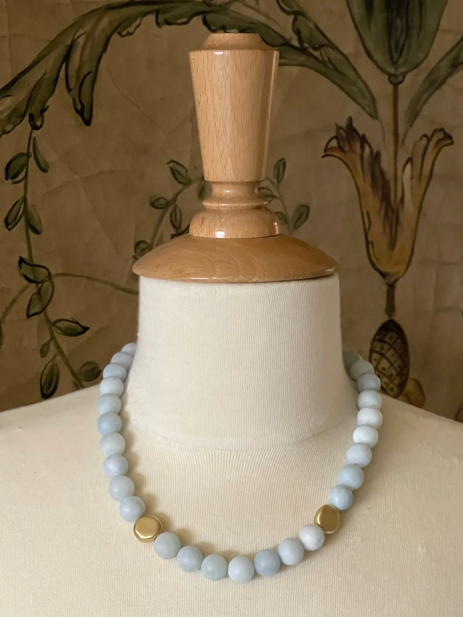 Matte Aquamarine With Matte Gold Flat Bead Necklace