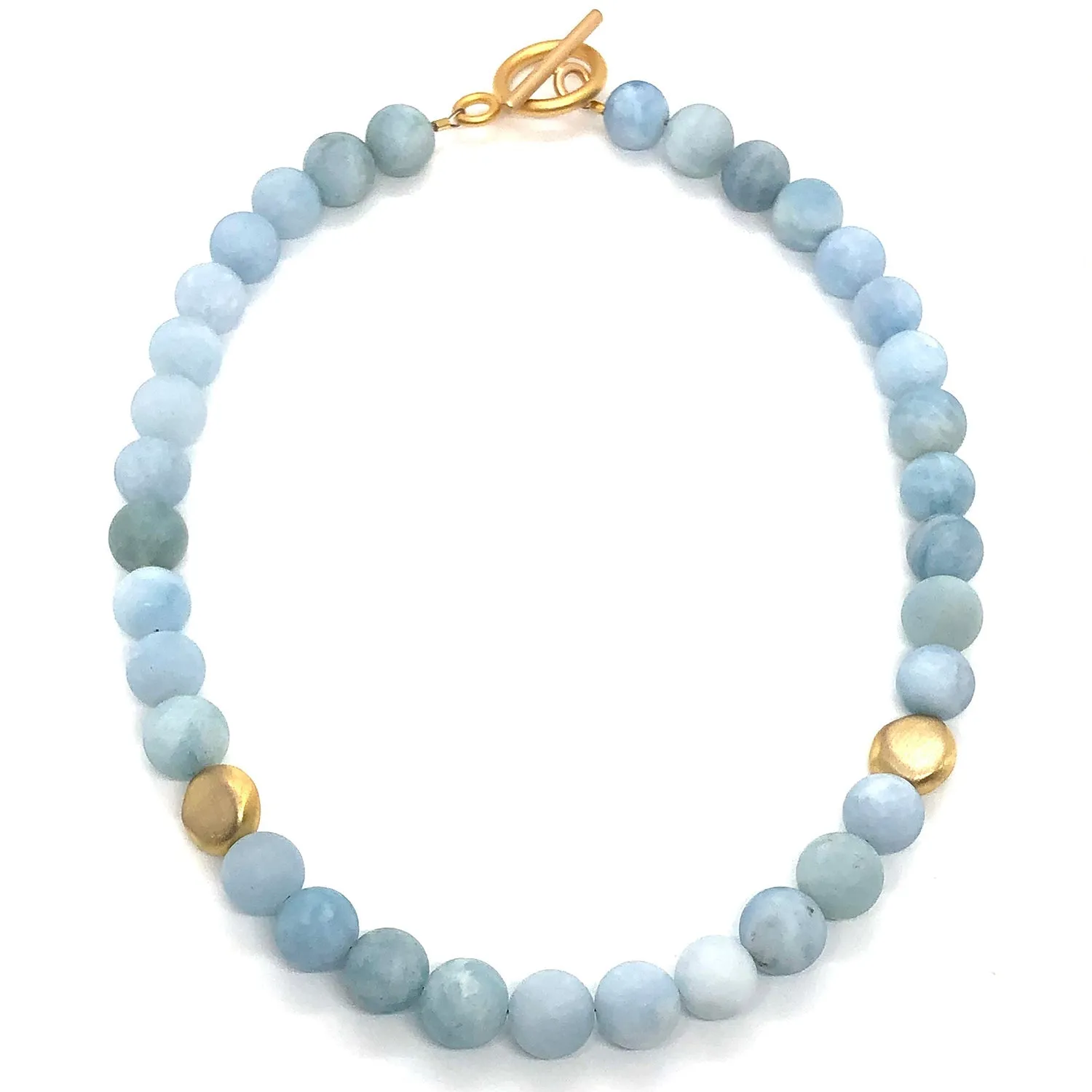 Matte Aquamarine With Matte Gold Flat Bead Necklace