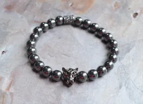 Mens Gray Stone Hematite Panther Bead Stretch Bracelet