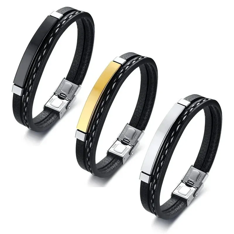 Men's Leather Bracelet with Stainless Steel - Durable & Stylish