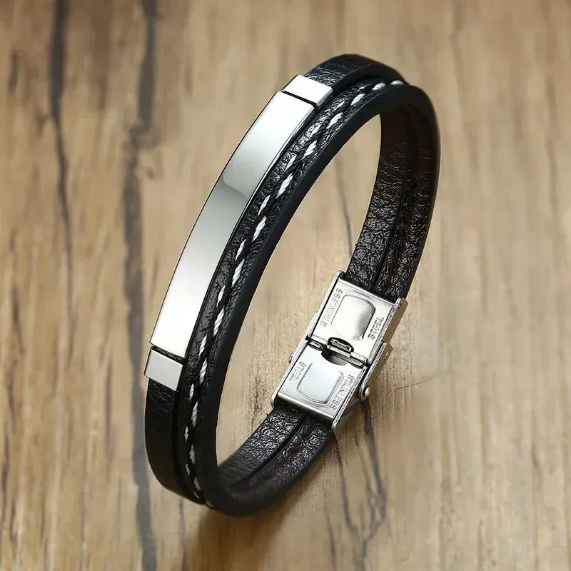 Men's Leather Bracelet with Stainless Steel - Durable & Stylish