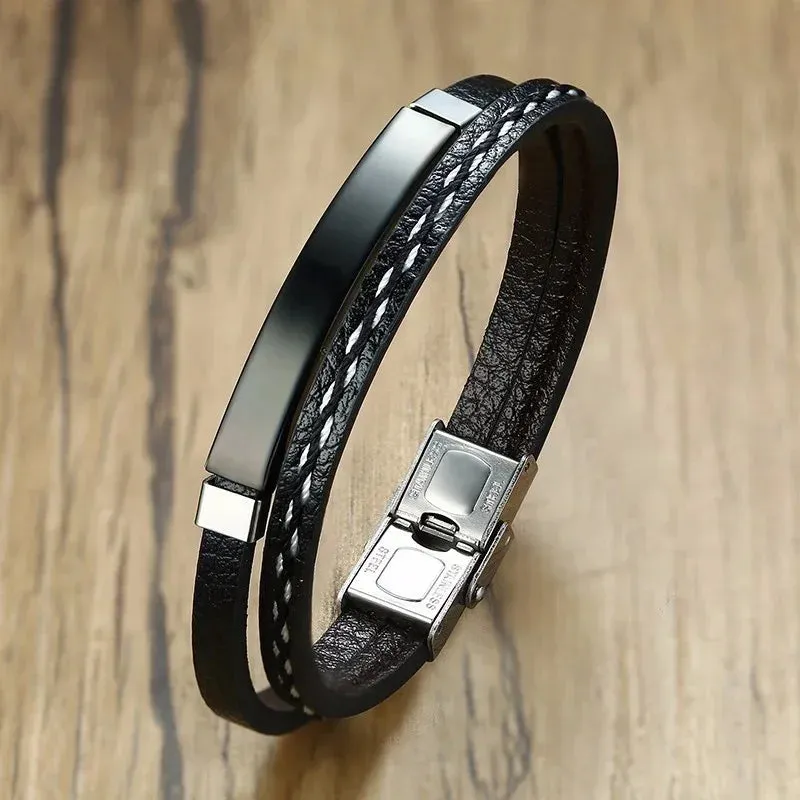 Men's Leather Bracelet with Stainless Steel - Durable & Stylish