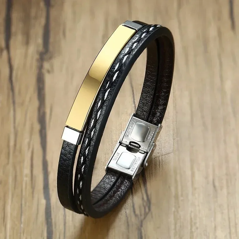 Men's Leather Bracelet with Stainless Steel - Durable & Stylish