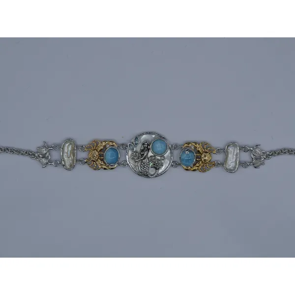 Mermaid, Crabs and Turtles Bracelet with Larimar and Pearls - Only One Piece Created