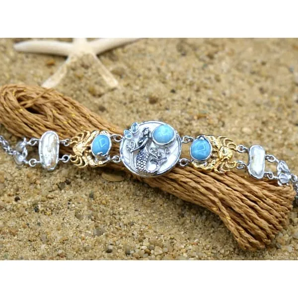 Mermaid, Crabs and Turtles Bracelet with Larimar and Pearls - Only One Piece Created