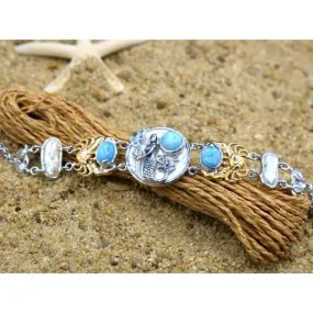 Mermaid, Crabs and Turtles Bracelet with Larimar and Pearls - Only One Piece Created