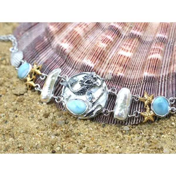 Mermaid, Starfish and Seashells Bracelet with Larimar and Pearls - Only One Piece Created