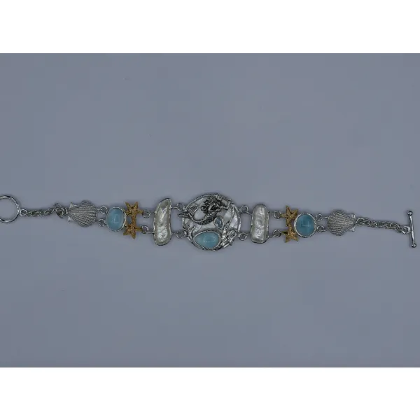 Mermaid, Starfish and Seashells Bracelet with Larimar and Pearls - Only One Piece Created