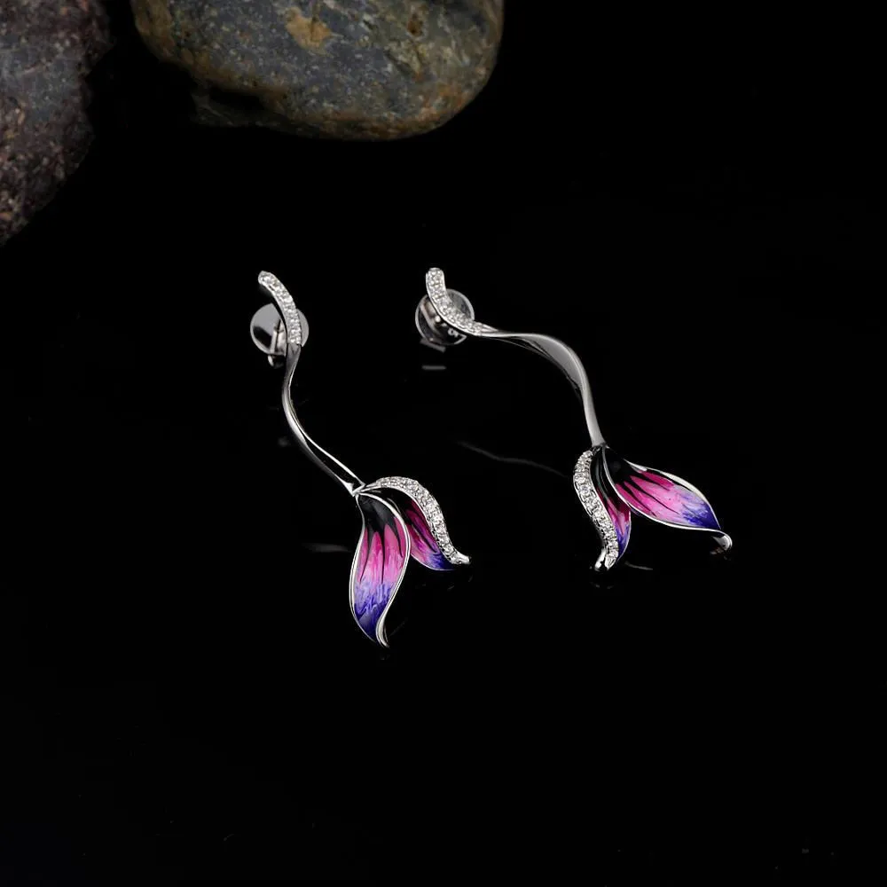 Mermaid Tail Enamel Hoop Earrings for Women with Zircon in 925 Sterling Silver