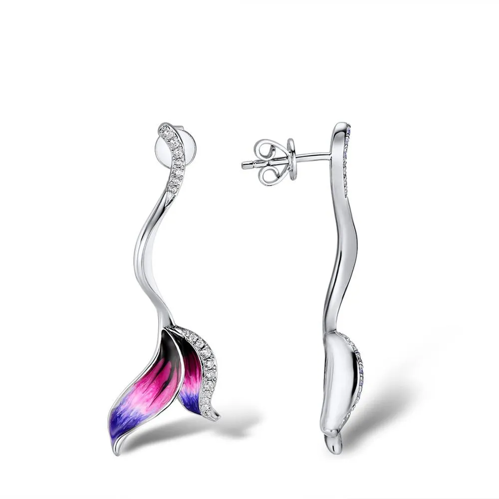 Mermaid Tail Enamel Hoop Earrings for Women with Zircon in 925 Sterling Silver